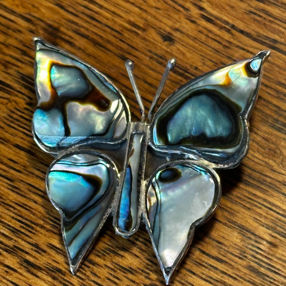 Butterfly Brooch Pin Abalone Shell Seashell Sterling Silver Mexico